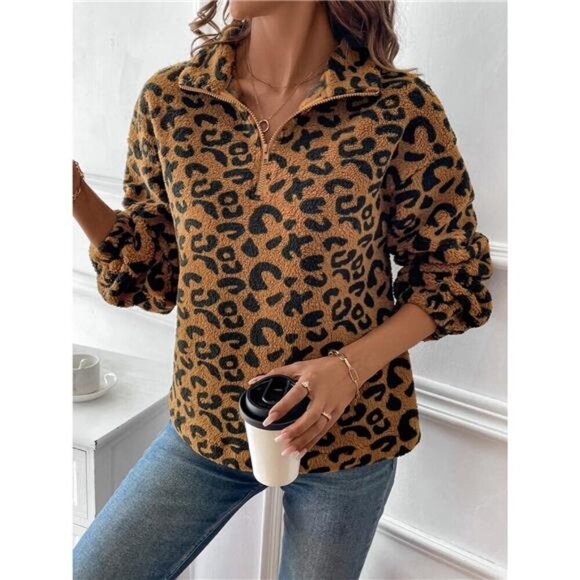 Leopard Half Zip Long Sleeve Sweatshirt